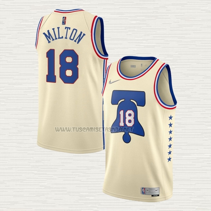 Camiseta Shake Milton NO 18 Philadelphia 76ers Earned 2020-21 Crema